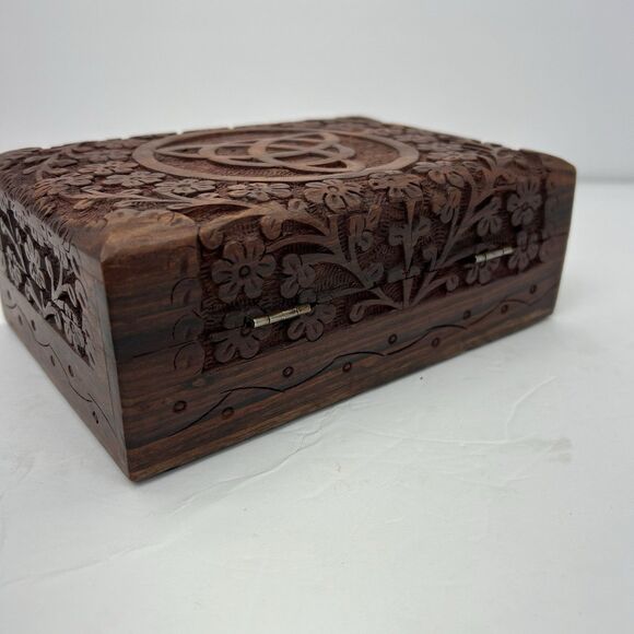 Triquetra Celtic Floral Hand Carved Wooden Trinket Keepsake Box Gemstones - Picture 3 of 16